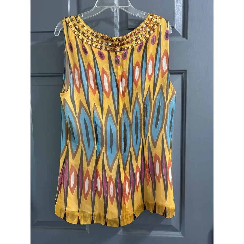 Tory Burch 100% Silk Top Womens Sz 12 Sleeveless Multicolor Sequin Detail Blouse